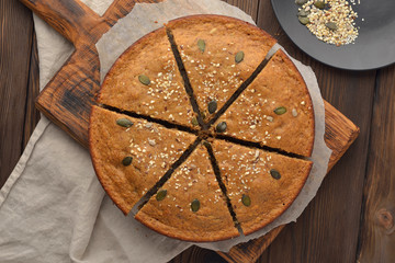 nut cake with cut piece top view