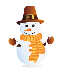 Isolated snowman in a braun hat, scarf and mittens. Vector illustration on white background.