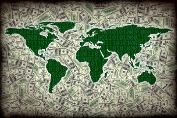 conceptual finance image of world map with american one hundred dollar bills pile and binary code