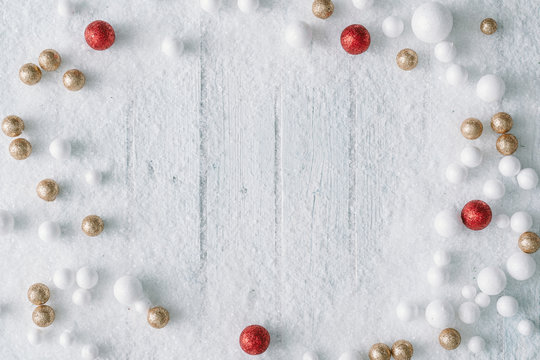 Christmas background composition with snow and decoration.New Year Flat lay. Top view.