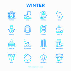 Winter thin line icons set: fireplace, skates, mittens, snowflake, scarf, snowman, pullover, sledges, rocking chair, skiing, icicle, snowfall. Modern vector illustration.