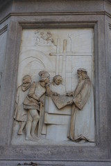Leonardo Da Vinci Statue in Milan Italy with Closeup details of historic scene