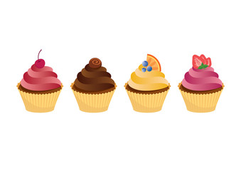 Cupcakes icon set vector. Various cupcake cartoon. Four cupcakes isolated on white background