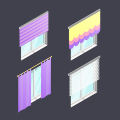Set of isometric 4 windows with different curtains. Interior design