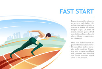 Sprinter fast start on racetrack against city background. Modern vector illustration concept - 232478219