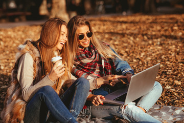Two young woman in the park using a laptop