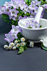 Obraz na płótnie Canvas Spa background with flowers. Hygiene items for bath and spa.