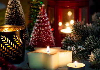 Christmas arrangement of New Year's decor in a festive evening