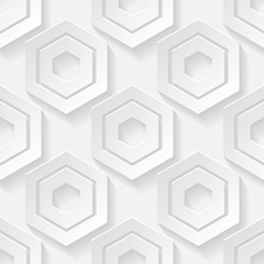 Hexagons. Seamless pattern. White geometric 3D shapes on white background. Can be used for wallpaper, textile, invitation card, wrapping, web page background.