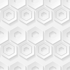 Fototapeta premium Hexagons. Seamless pattern. White geometric 3D shapes on white background. Can be used for wallpaper, textile, invitation card, wrapping, web page background.