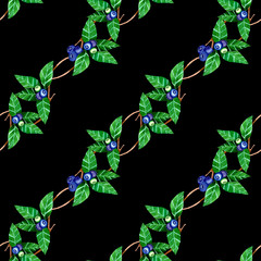 Pattern of twigs, berries and leaves of blueberry painted with watercolor. Seamless pattern of blueberry.