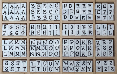 Alphabet letters on wooden scrabble pieces, are laid out on shelves  