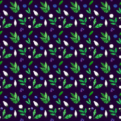  Pattern of flowers, leaves and berries of blueberry. Watercolor pattern of blueberry.