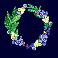  A wreath of blueberries. Watercolor wreath of blueberries and blueberry leaves.