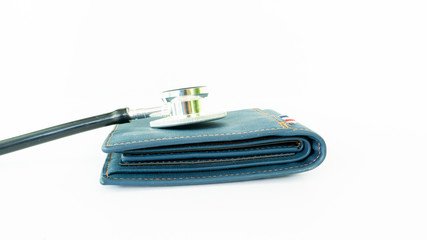 stethoscope check money on empty wallet bag