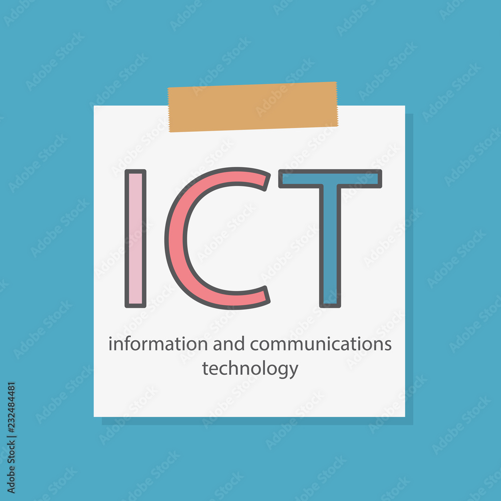 Poster ict information and communications technology written in a notebook paper- vector illustration