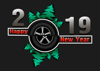 Fototapeta na wymiar Happy new year 2019 and wheel auto