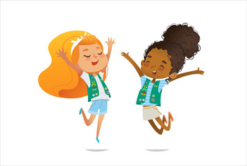 Young smiling girls scout dressed in uniform with badges and patches happily jump isolated on white background. Female scouter, member of troop, speaker.