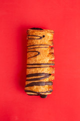 chocolate filled cake in colorful background