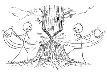 Cartoon stick drawing conceptual illustration of two lumberjacks with ax or axe who are rejecting cooperation and cutting down tree from opposite sides instead. Business concept of competition and