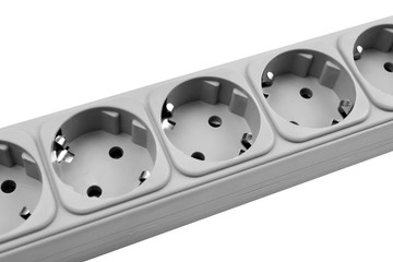 Gray plastic power strip on white background