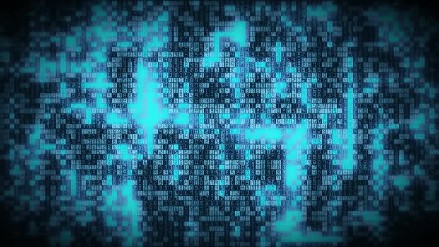 Bright glowing digital number cells appear on network stream in futuristic big data information technology concept. Internet or cryptocurrency blockchain tech background. 4K 3D animation
