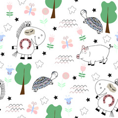 Cute childish seamless pattern with funny animals