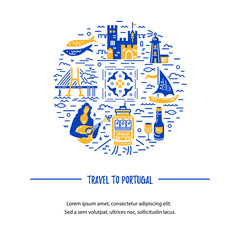 Template with Portugal symbols circle. Vector illustration. Flat and line style.