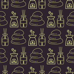 Pyramid from sea pebble relax heap stones healthy wellness black massage meditation natural tool spa seamless pattern background vector illustration.