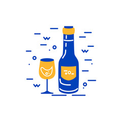 Wine bottle and glass logo design. Flat and line style vector illustration. 