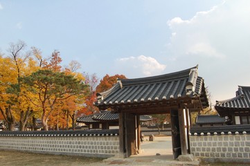 Traditional korean wall and gate in the Jeonju Hanok Village in autumn