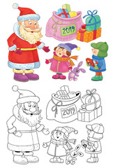 Christmas. New Year 2019. Year of Pig. Greeting card. Coloring page. Cute and funny cartoon characters