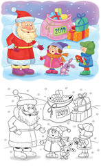 Fototapeta premium Christmas. New Year 2019. Year of Pig. Greeting card. Coloring page. Cute and funny cartoon characters