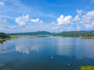Aerial view of the earthfill dam rainy season at Kalasin,Thailand.