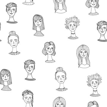 Hand drawn various hairstyles. Graphic vector seamless pattern