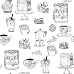 Hand drawn desserts, coffee and tea. Graphic vector seamless pattern