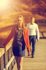 Happy young couple in love in the manor house in autumn. Vintage tone