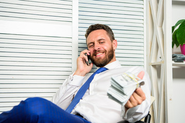 Businessman discuss successful deal. Fraudster speak mobile phone. Financial fraud crime. Man earn...