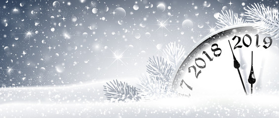 Fototapeta na wymiar New Year's Eve 2019 Winter Celebration With Dial Clock. Vector Illustration