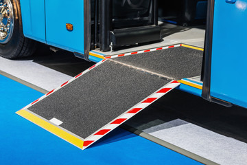 platform for wheelchairs in the cabin of a modern and comfortable city bus or electric bus