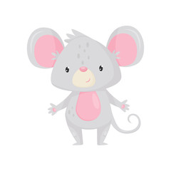 Obraz na płótnie Canvas Adorable mouse with shiny eyes. Cartoon rodent with pink belly, big ears and long tail. Flat vector icon