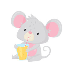 Cute little mouse sitting and drinking tasty orange juice. Adorable creature. Cartoon character. Flat vector icon