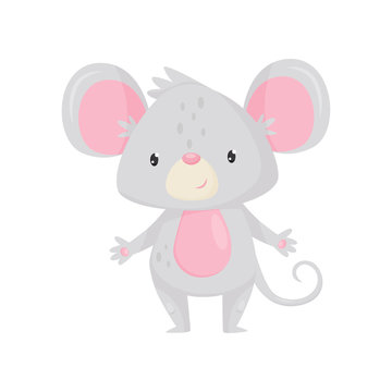 Adorable mouse with shiny eyes. Cartoon rodent with pink belly, big ears and long tail. Flat vector icon