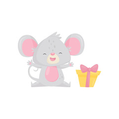 Joyful little mouse sitting with paws raised, small gift box with bow. Cute cartoon character. Flat vector icon