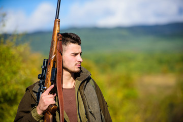 Experience and practice lends success hunting. Guy hunting nature environment. Masculine hobby...