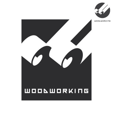 illustration consisting of several images of a planed piece of wood and the inscription "woodworking" in the form of a symbol or logo