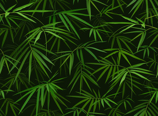 Naklejka premium Tropical seamless pattern with green bamboo leaves on black. Realistic vector background.