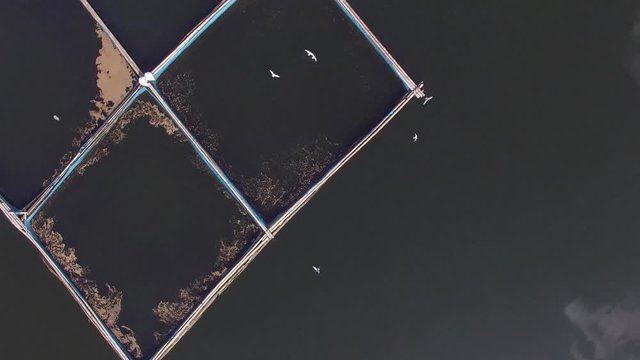 Sampaloc Lake, San Pablo City, Laguna, Philippines - November 12, 2017: Bamboo fish cages built in the middle of mountain lake. Drone aerial shot