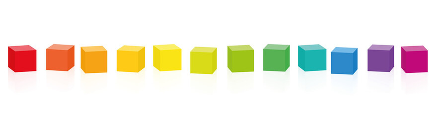Colorful cubes. Set of 14 rainbow colored cubes in a row. Isolated vector illustration on white background.
 - obrazy, fototapety, plakaty
