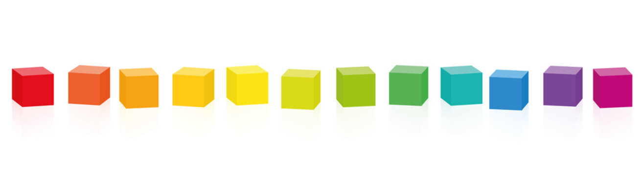 Colorful cubes. Set of 14 rainbow colored cubes in a row. Isolated vector illustration on white background. © Peter Hermes Furian